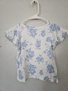 H&M Girls 6x/7 White Tee with Light Blue Floral Print Toile Short Sleeve Top